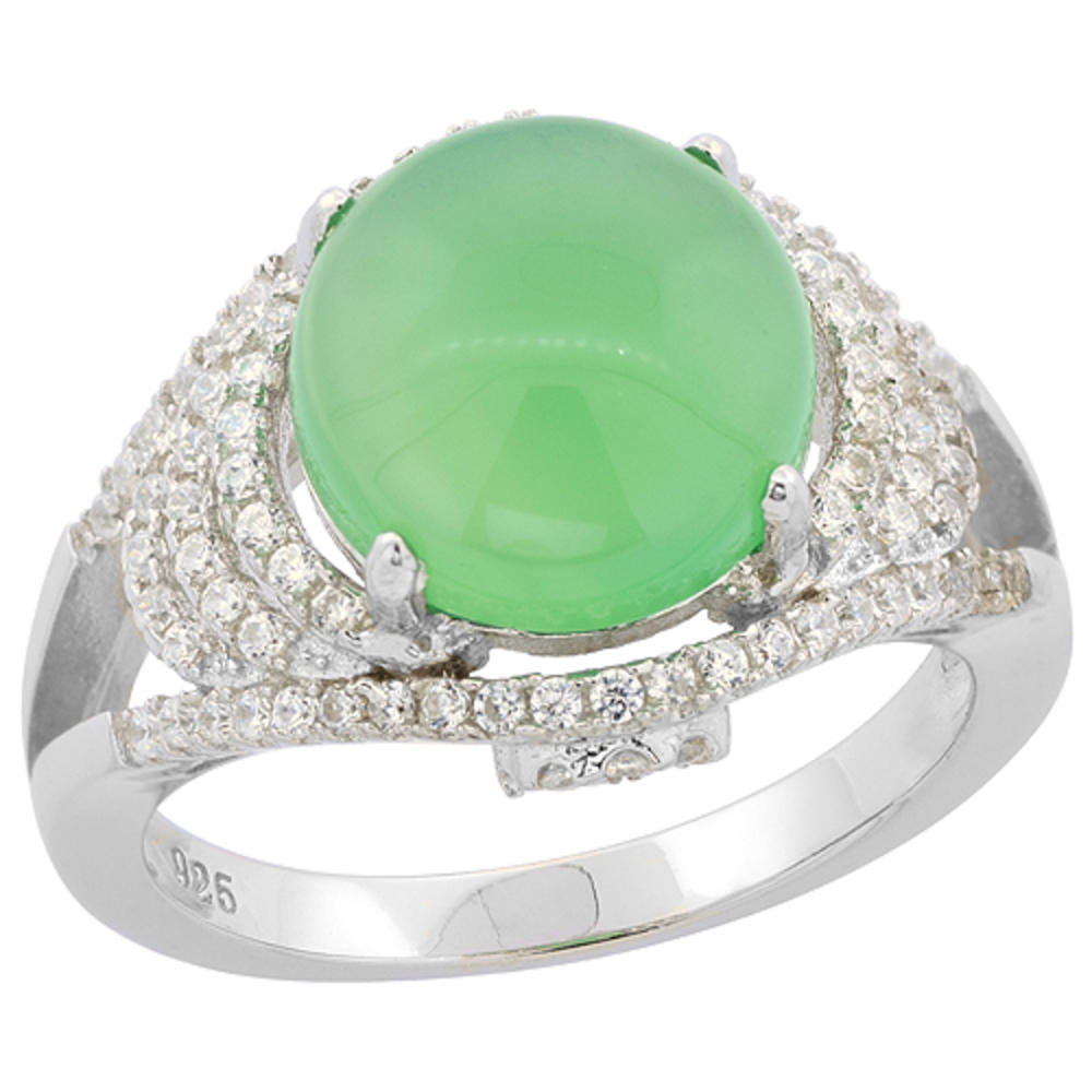 Sabrina Silver Sterling Silver Round Green Serpentine Ring Micro Pave CZ Rhodium Finish, 9/16 inch wide, sizes 6 - 9