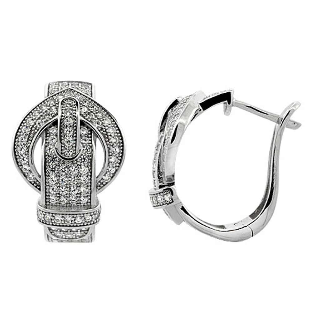 Sabrina Silver Sterling Silver Belt Buckle Post CZ Earrings Micro Pave, 13/16 inch long