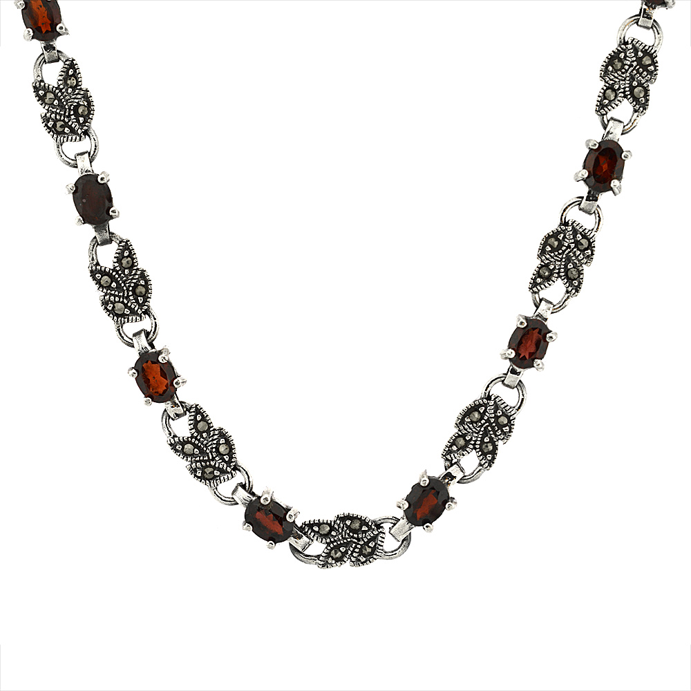 Sabrina Silver Sterling Silver Cubic Zirconia Garnet Sprigs Marcasite Necklace, 16 inch long