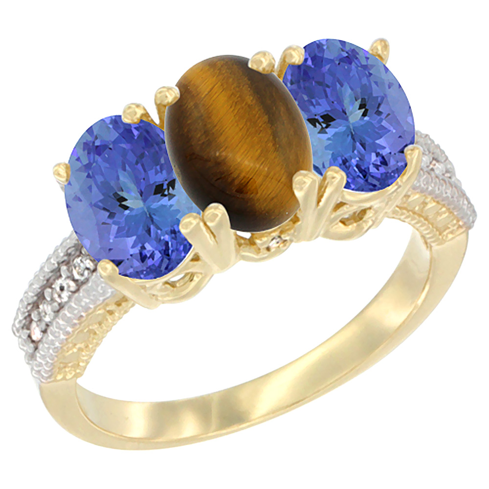 Sabrina Silver 14K Yellow Gold Natural Tiger Eye Ring with Tanzanite 3-Stone 7x5 mm Oval Diamond Accent, sizes 5 - 10
