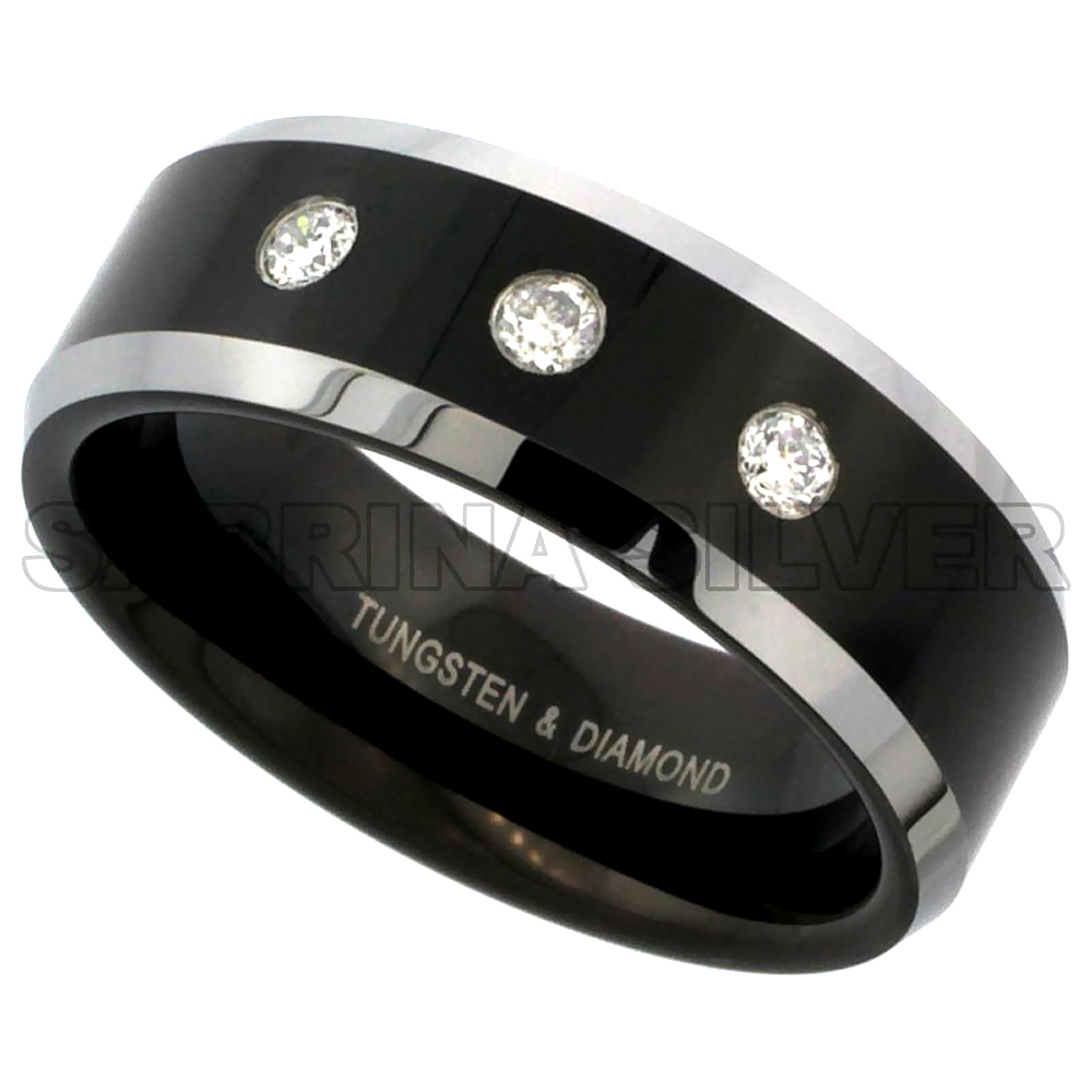 Sabrina Silver Tungsten Ring Diamond 8 mm Wedding Band 3 stone 0.17 cttw Two-tone Black Finish Beveled Edges, sizes 8 to 14