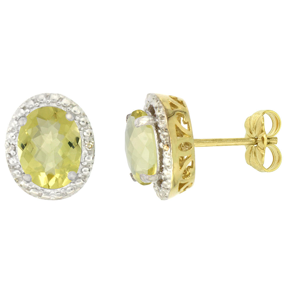 Sabrina Silver 10K Yellow Gold 0.01 cttw Diamond Natural Lemon Quartz Post Earrings Oval 7x5 mm