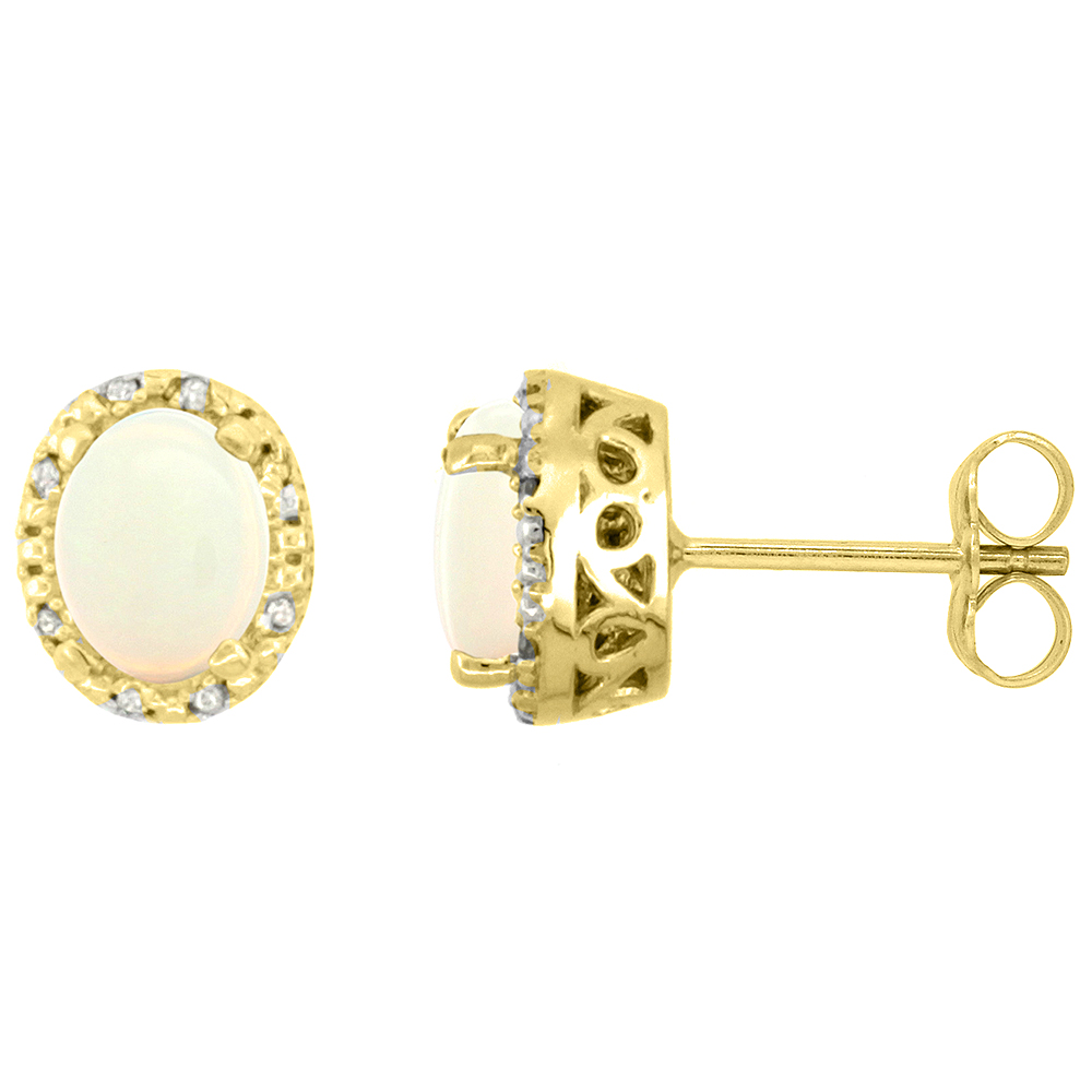 Sabrina Silver 10K Yellow Gold Diamond Halo Natural Opal Stud Earrings Oval 7x5 mm