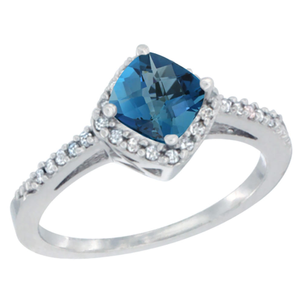 Sabrina Silver 10K White Gold Natural London Blue Topaz Ring Cushion-cut 6mm Halo Diamond Accent, sizes 5 - 10