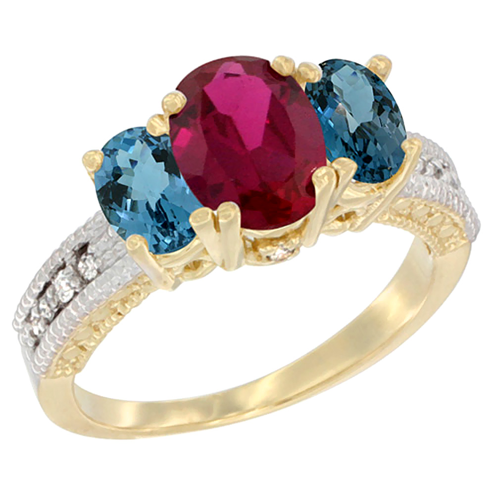 Sabrina Silver 10K Yellow Gold Diamond Enhanced Ruby Ring Oval 3-stone with London Blue Topaz, sizes 5 - 10