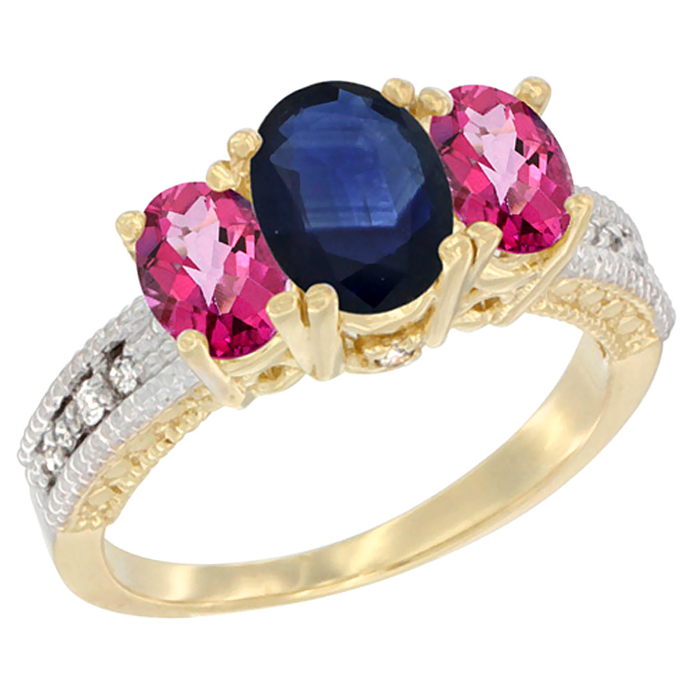 Sabrina Silver 10K Yellow Gold Diamond Natural Blue Sapphire Ring Oval 3-stone with Pink Topaz, sizes 5 - 10