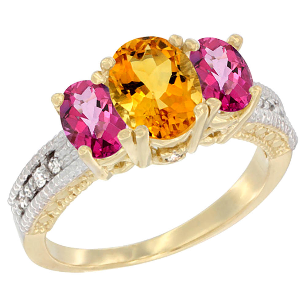 Sabrina Silver 10K Yellow Gold Diamond Natural Citrine Ring Oval 3-stone with Pink Topaz, sizes 5 - 10