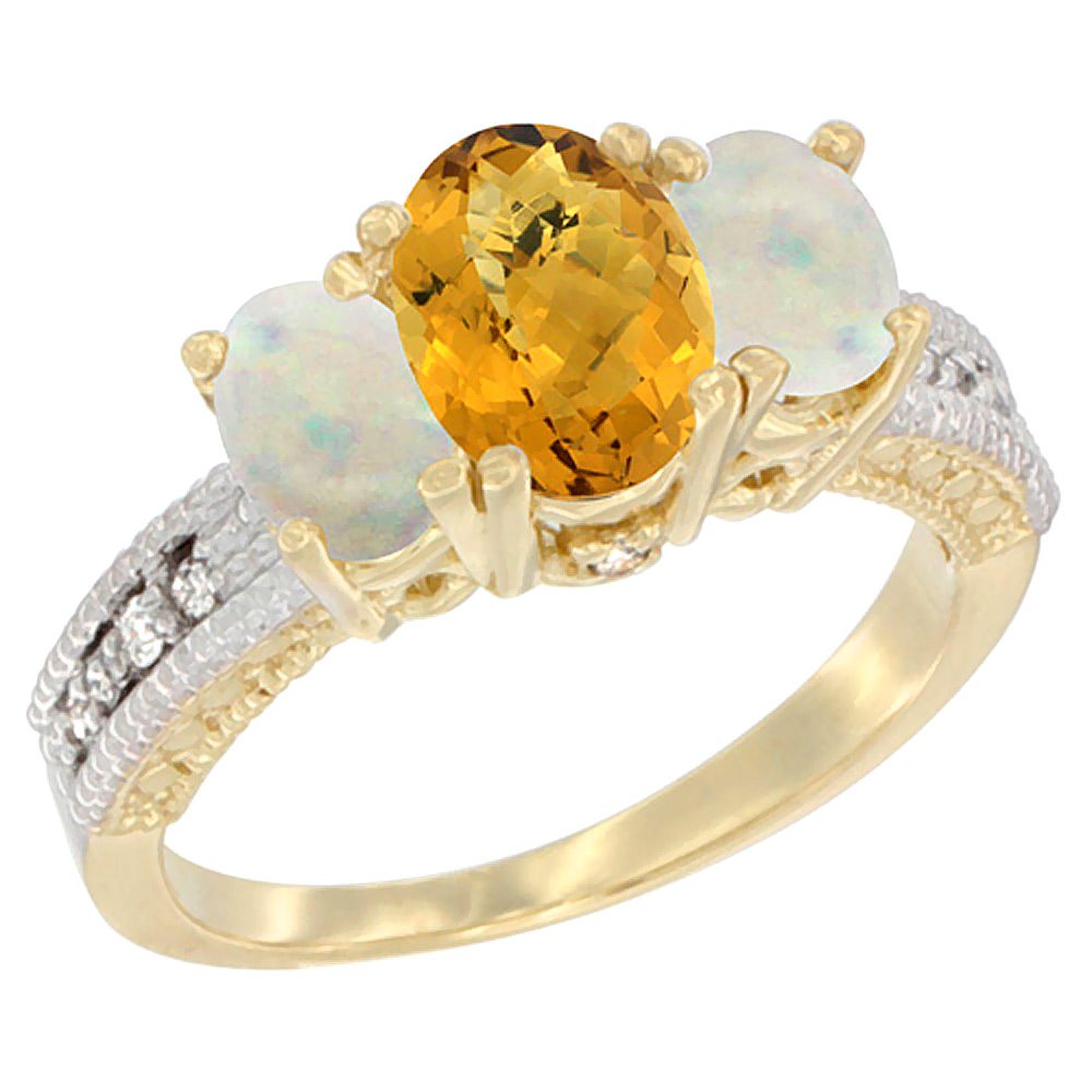 Sabrina Silver 10K Yellow Gold Diamond Natural Whisky Quartz Ring Oval 3-stone with Opal, sizes 5 - 10