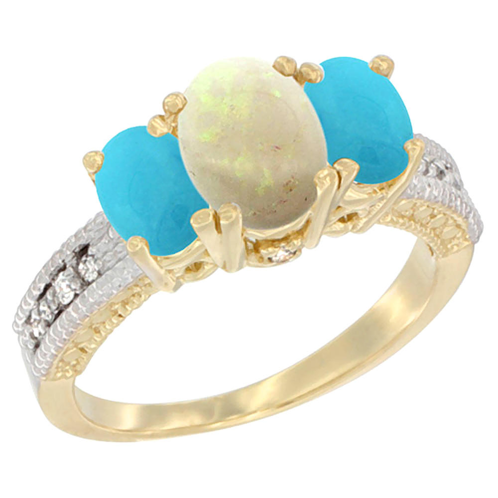 Sabrina Silver 10K Yellow Gold Diamond Natural Opal Ring Oval 3-stone with Turquoise, sizes 5 - 10