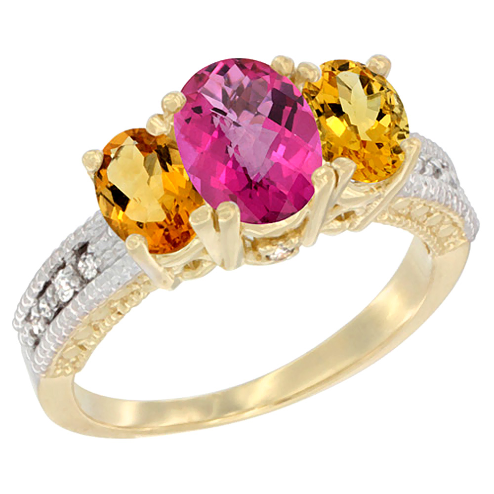 Sabrina Silver 10K Yellow Gold Diamond Natural Pink Topaz Ring Oval 3-stone with Citrine, sizes 5 - 10