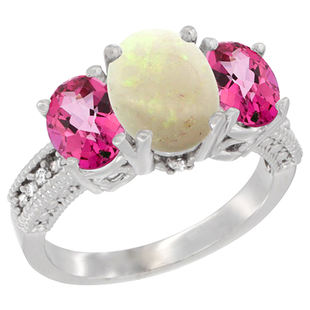 Sabrina Silver 10K White Gold Diamond Natural Opal Ring 3-Stone Oval 8x6mm with Pink Topaz, sizes5-10