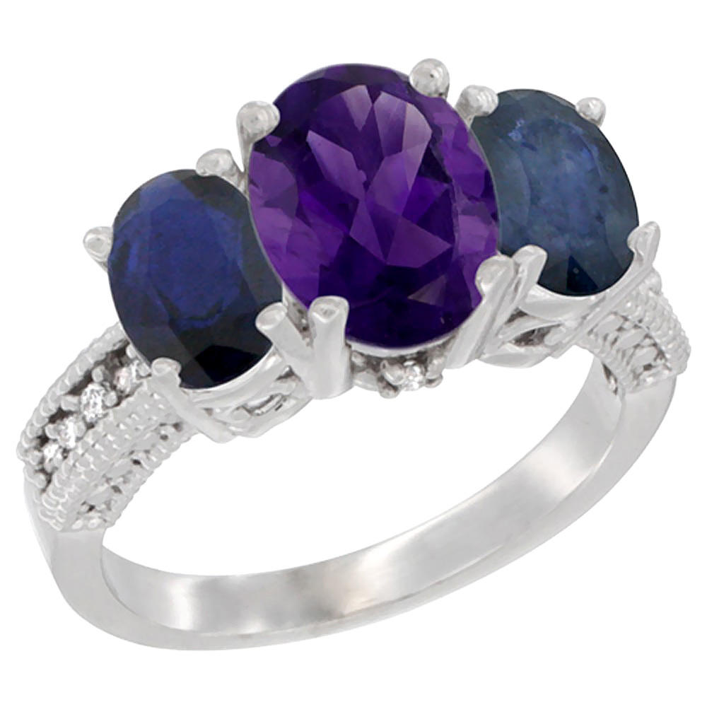 Sabrina Silver 10K White Gold Diamond Natural Amethyst Ring 3-Stone Oval 8x6mm with Blue Sapphire, sizes5-10