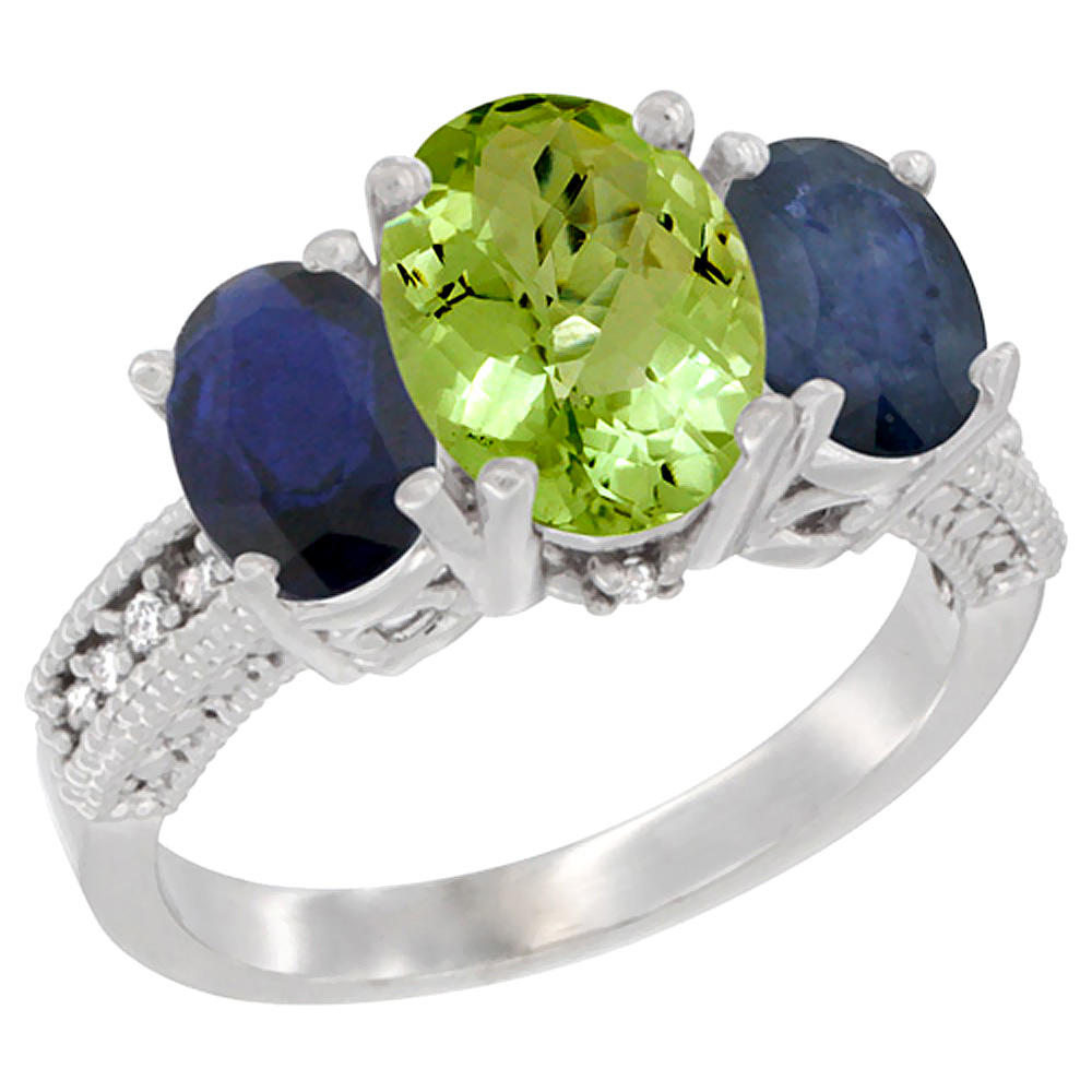 Sabrina Silver 10K White Gold Diamond Natural Peridot Ring 3-Stone Oval 8x6mm with Blue Sapphire, sizes5-10