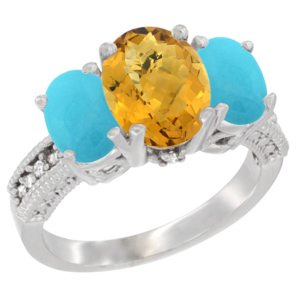 Sabrina Silver 10K White Gold Diamond Natural Whisky Quartz Ring 3-Stone Oval 8x6mm with Turquoise, sizes5-10