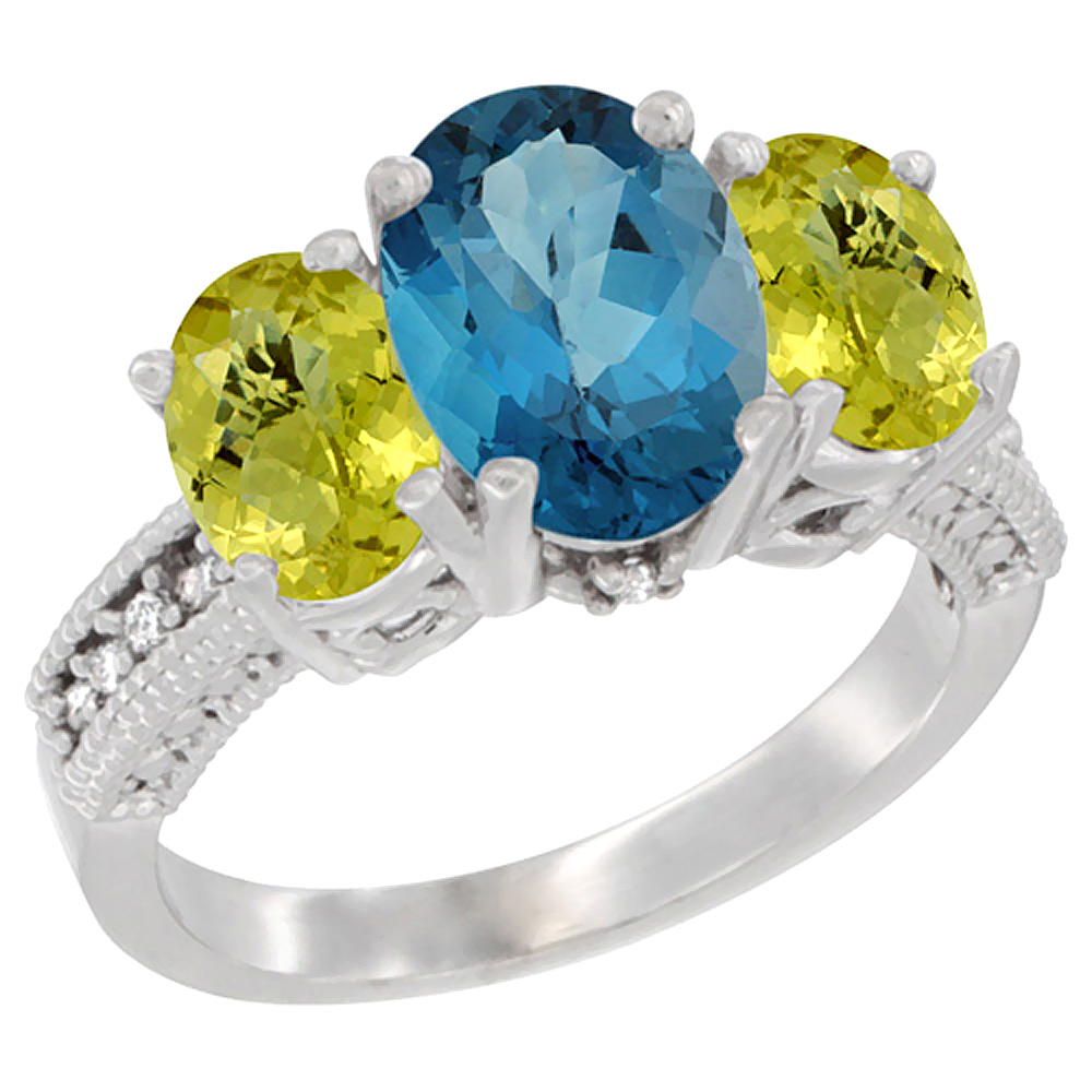 Sabrina Silver 10K White Gold Diamond Natural London Blue Topaz Ring 3-Stone Oval 8x6mm with Lemon Quartz, sizes5-10