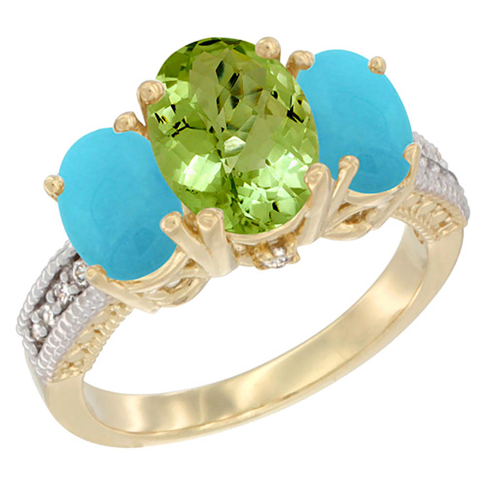Sabrina Silver 10K Yellow Gold Diamond Natural Peridot Ring 3-Stone Oval 8x6mm with Turquoise, sizes5-10