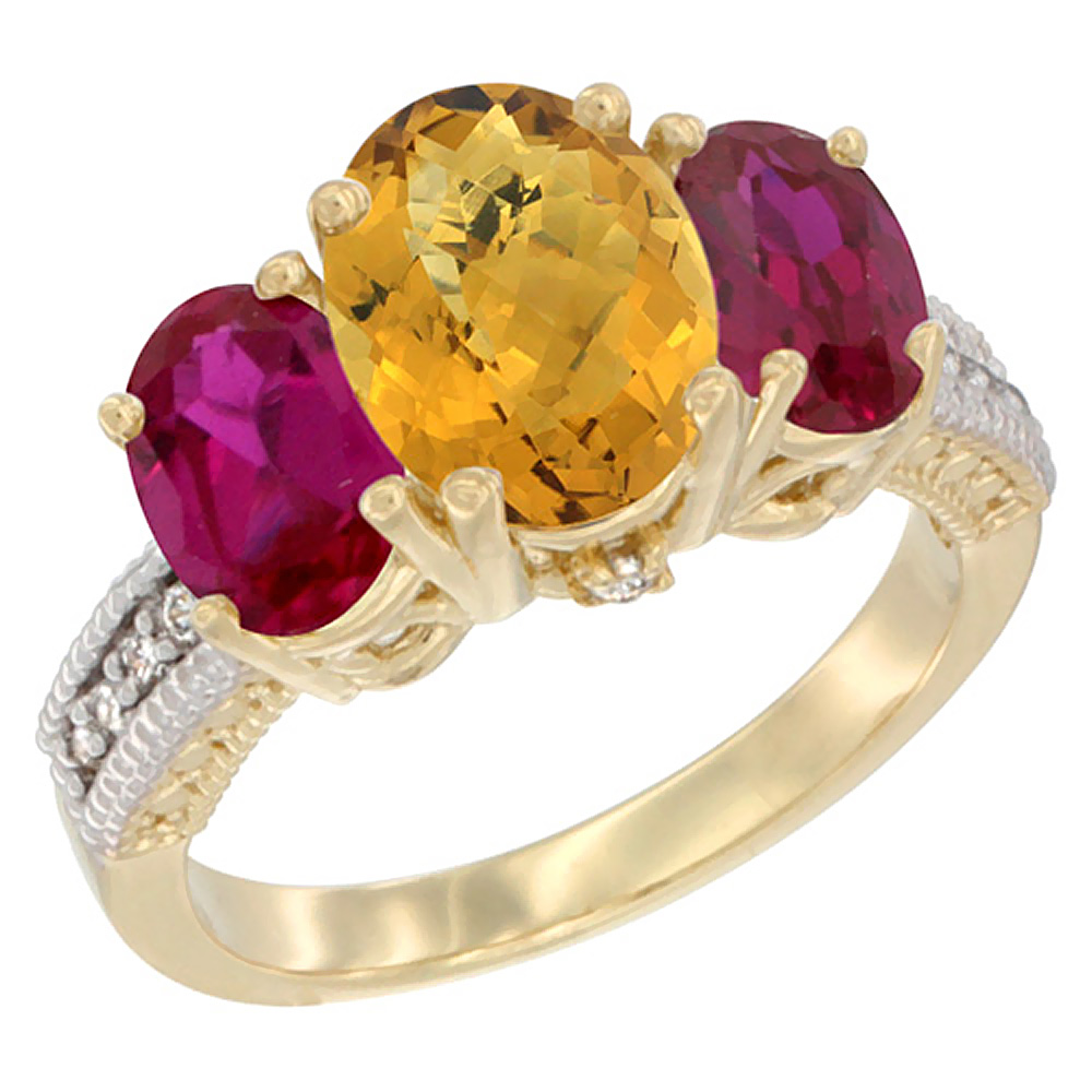 Sabrina Silver 10K Yellow Gold Diamond Natural Whisky Quartz Ring 3-Stone Oval 8x6mm with Ruby, sizes5-10