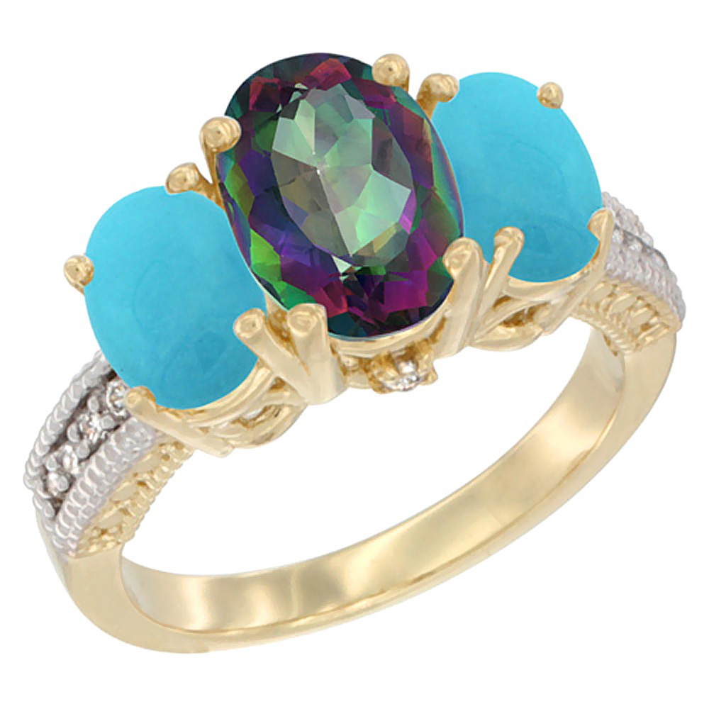 Sabrina Silver 10K Yellow Gold Diamond Natural Mystic Topaz Ring 3-Stone Oval 8x6mm with Turquoise, sizes5-10