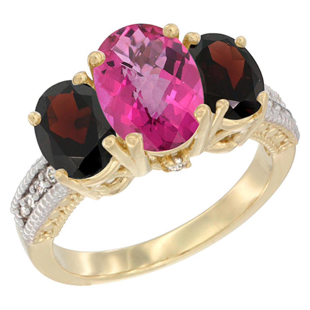 Sabrina Silver 10K Yellow Gold Diamond Natural Pink Topaz Ring 3-Stone Oval 8x6mm with Garnet, sizes5-10