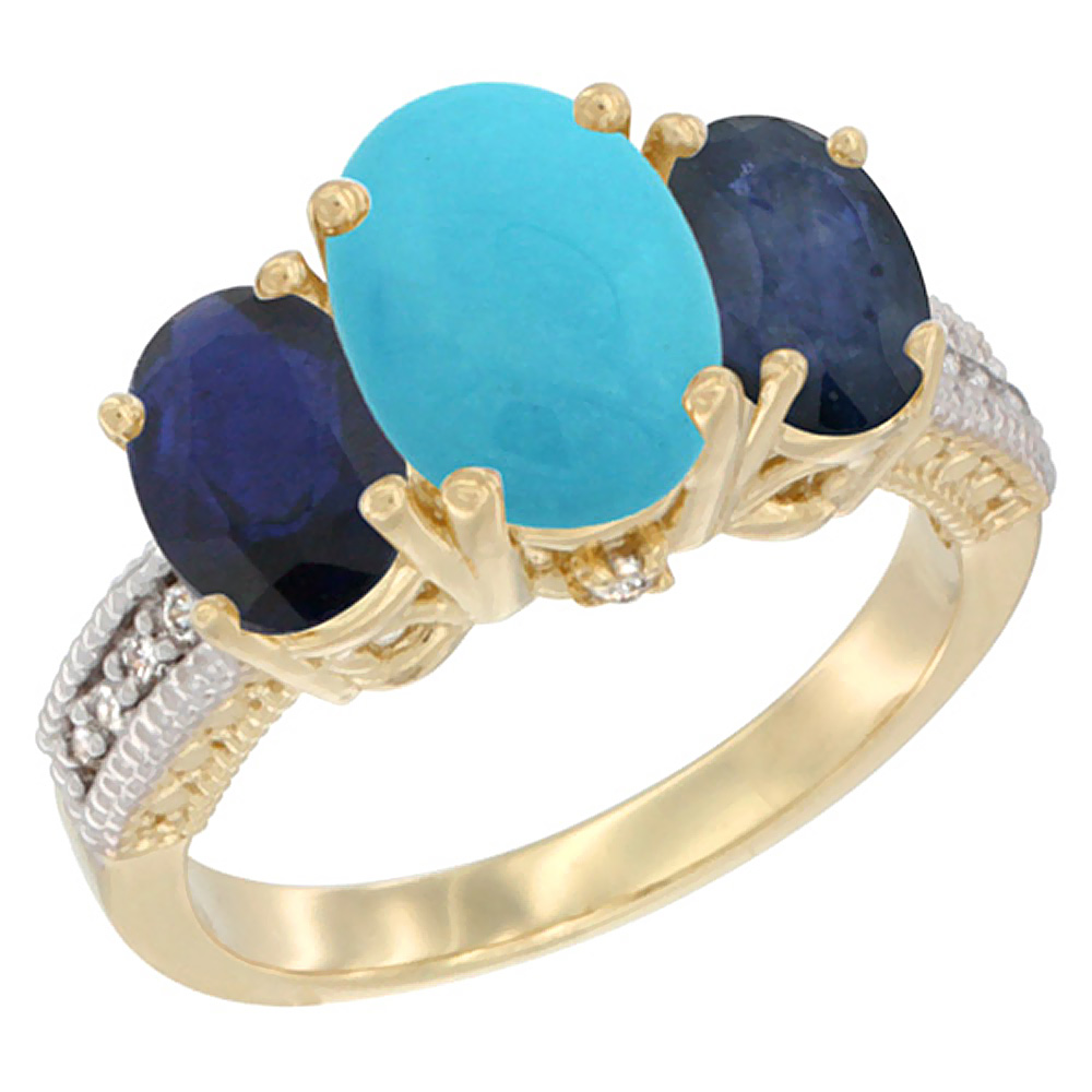 Sabrina Silver 10K Yellow Gold Diamond Natural Turquoise Ring 3-Stone Oval 8x6mm with Blue Sapphire, sizes5-10
