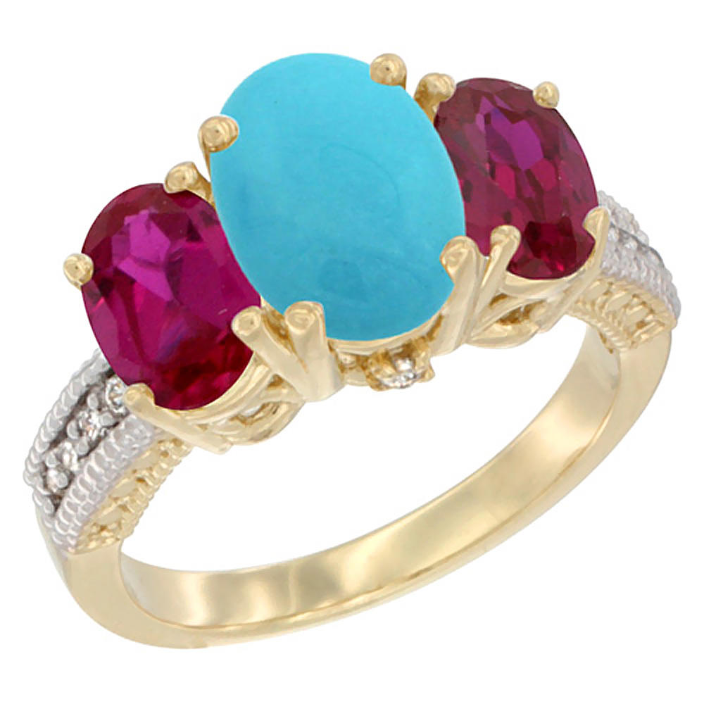 Sabrina Silver 10K Yellow Gold Diamond Natural Turquoise Ring 3-Stone Oval 8x6mm with Ruby, sizes5-10