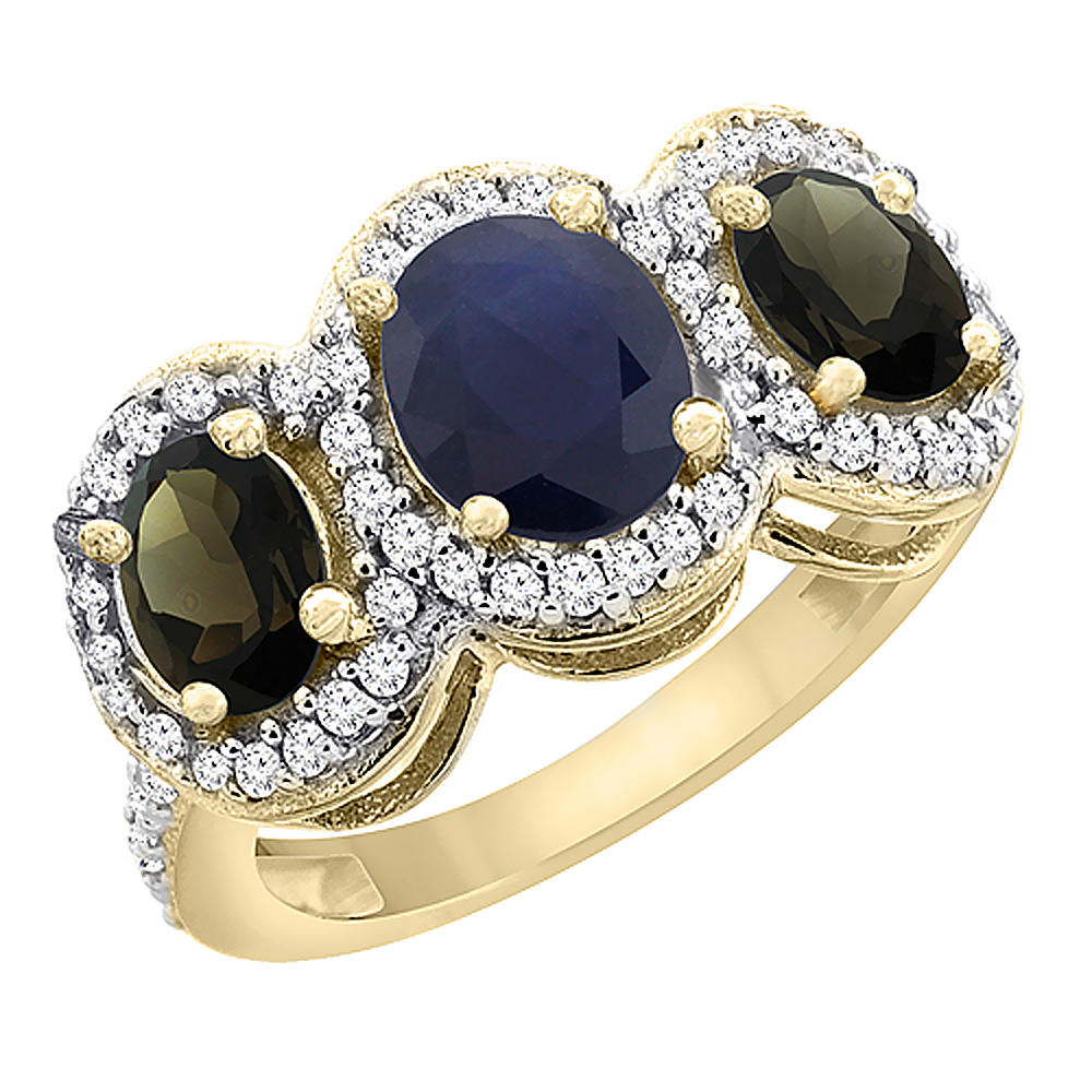 Sabrina Silver 14K Yellow Gold Natural Blue Sapphire & Smoky Topaz 3-Stone Ring Oval Diamond Accent, sizes 5 - 10
