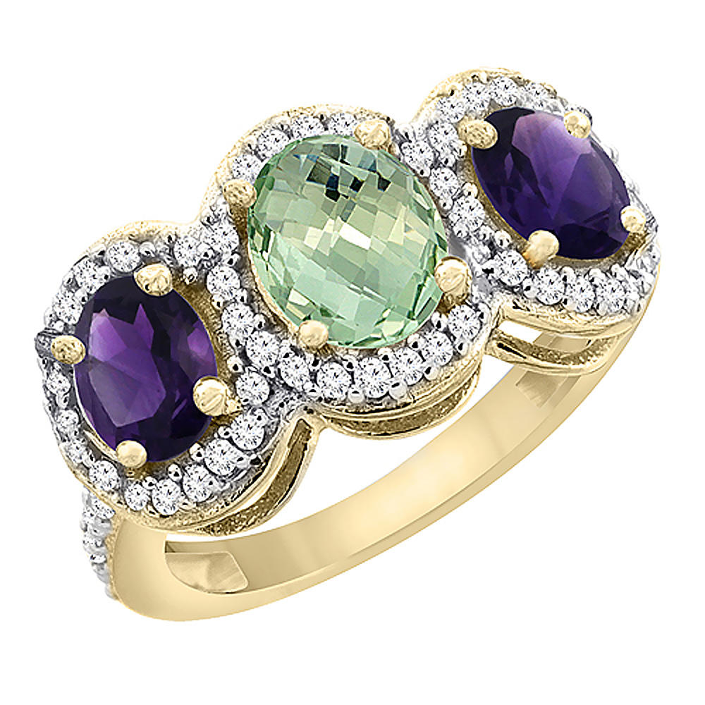 Sabrina Silver 14K Yellow Gold Natural Green Amethyst & Purple Amethyst 3-Stone Ring Oval Diamond Accent, sizes 5 - 10