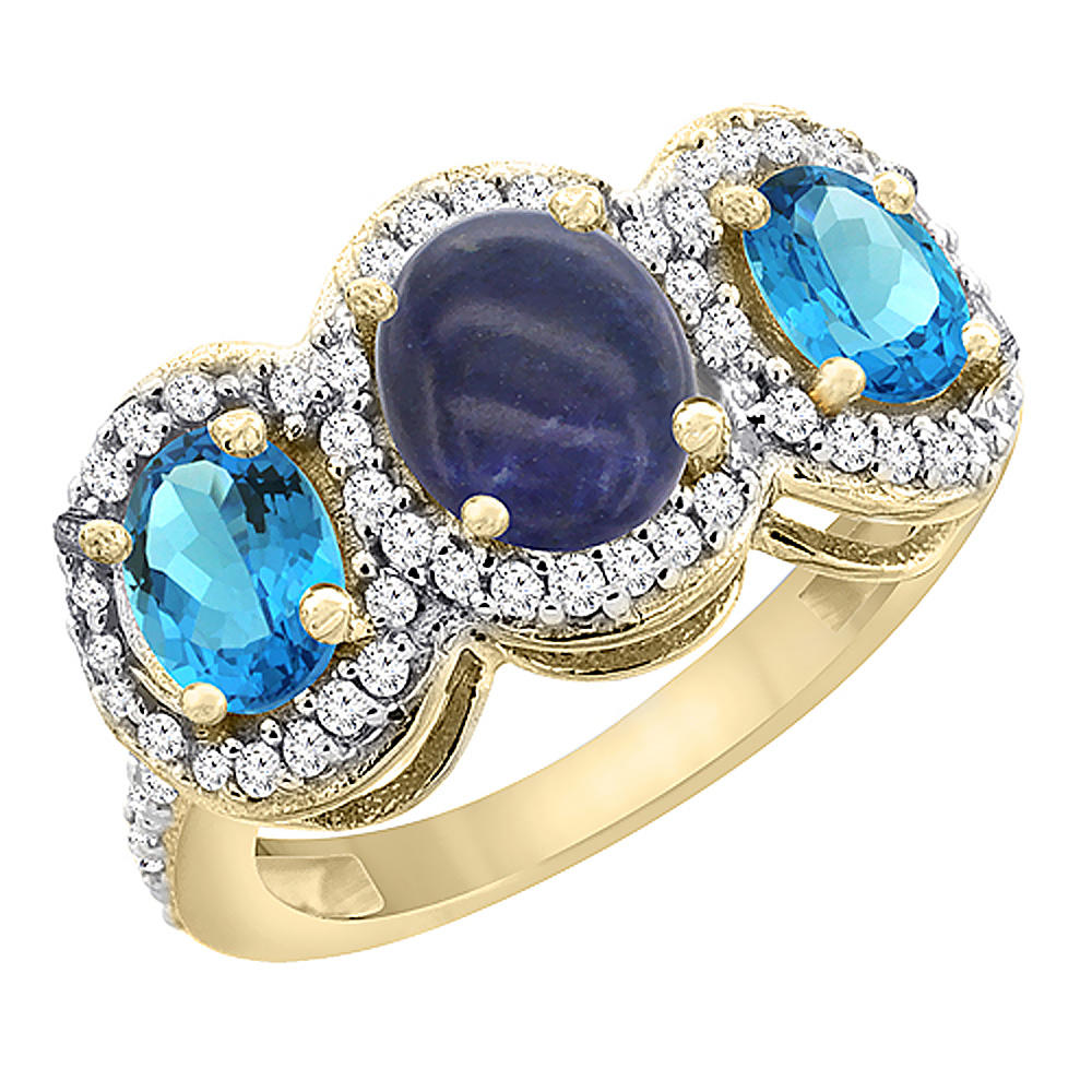 Sabrina Silver 14K Yellow Gold Natural Lapis & Swiss Blue Topaz 3-Stone Ring Oval Diamond Accent, sizes 5 - 10