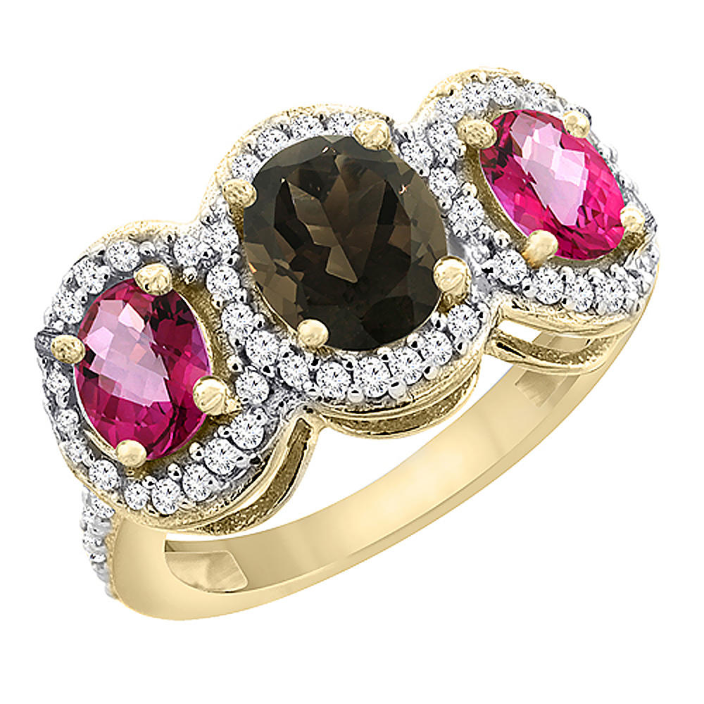 Sabrina Silver 14K Yellow Gold Natural Smoky Topaz & Pink Topaz 3-Stone Ring Oval Diamond Accent, sizes 5 - 10