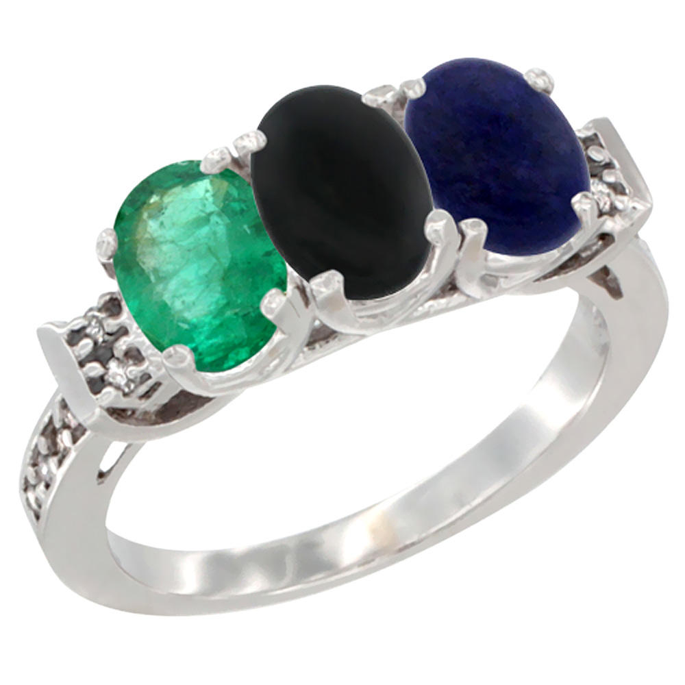 Sabrina Silver 10K White Gold Natural Emerald, Black Onyx & Lapis Ring 3-Stone Oval 7x5 mm Diamond Accent, sizes 5 - 10