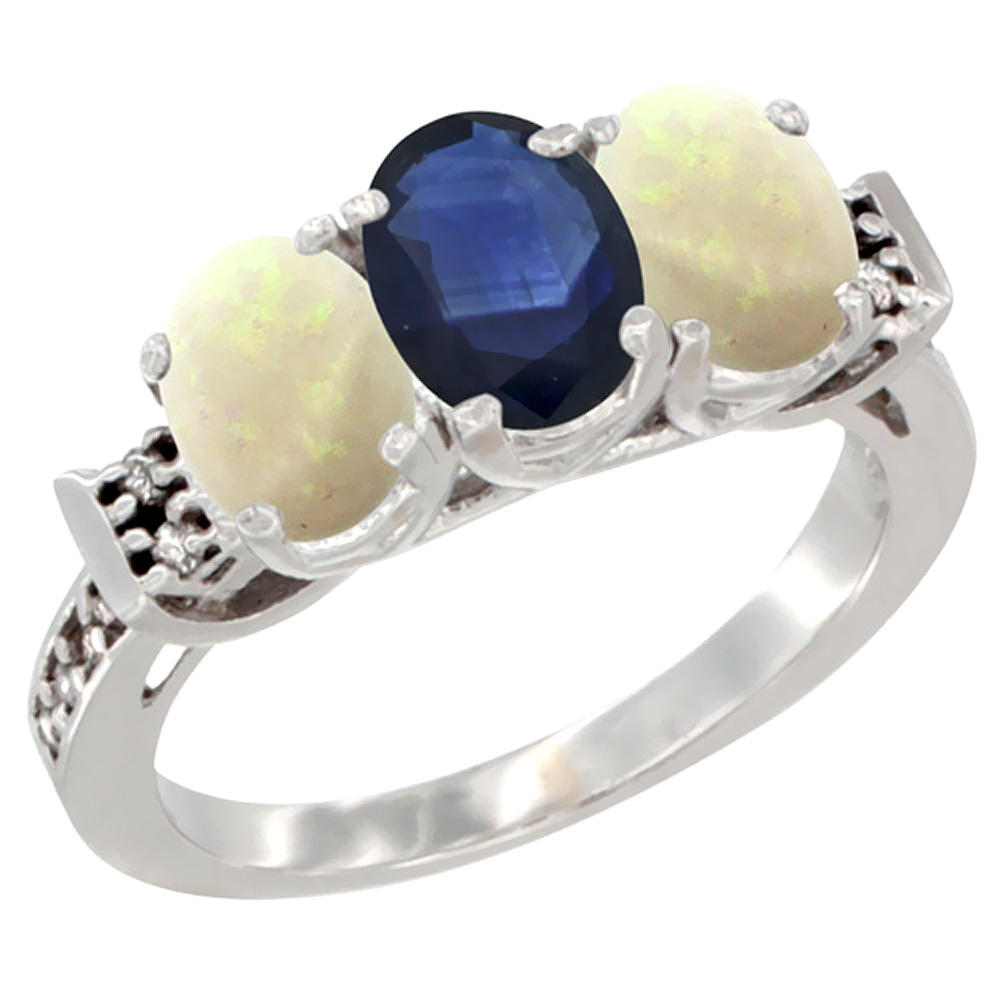 Sabrina Silver 10K White Gold Natural Blue Sapphire & Opal Sides Ring 3-Stone Oval 7x5 mm Diamond Accent, sizes 5 - 10