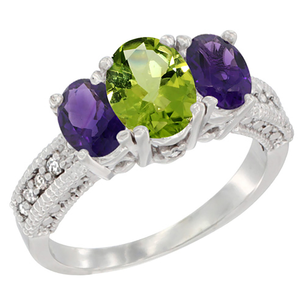 Sabrina Silver 14K White Gold Diamond Natural Peridot Ring Oval 3-stone with Amethyst, sizes 5 - 10