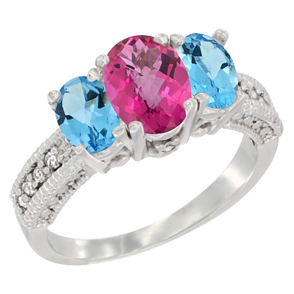 Sabrina Silver 14K White Gold Diamond Natural Pink Topaz Ring Oval 3-stone with Swiss Blue Topaz, sizes 5 - 10