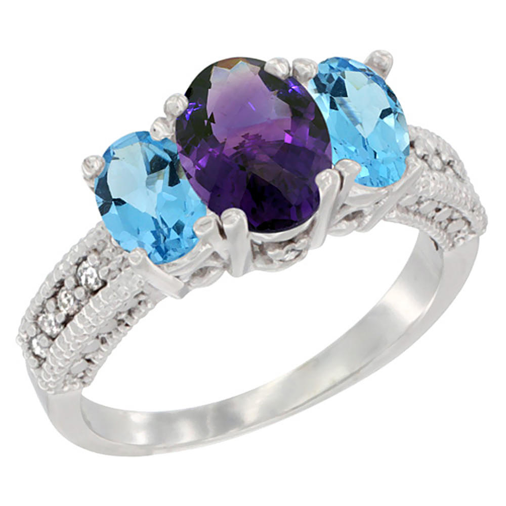 Sabrina Silver 14K White Gold Diamond Natural Amethyst Ring Oval 3-stone with Swiss Blue Topaz, sizes 5 - 10
