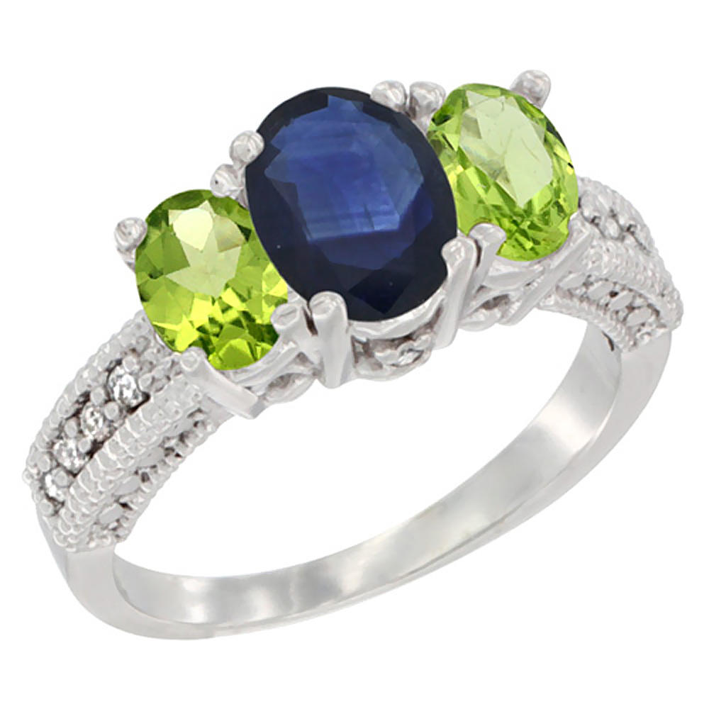 Sabrina Silver 14K White Gold Diamond Natural Blue Sapphire Ring Oval 3-stone with Peridot, sizes 5 - 10