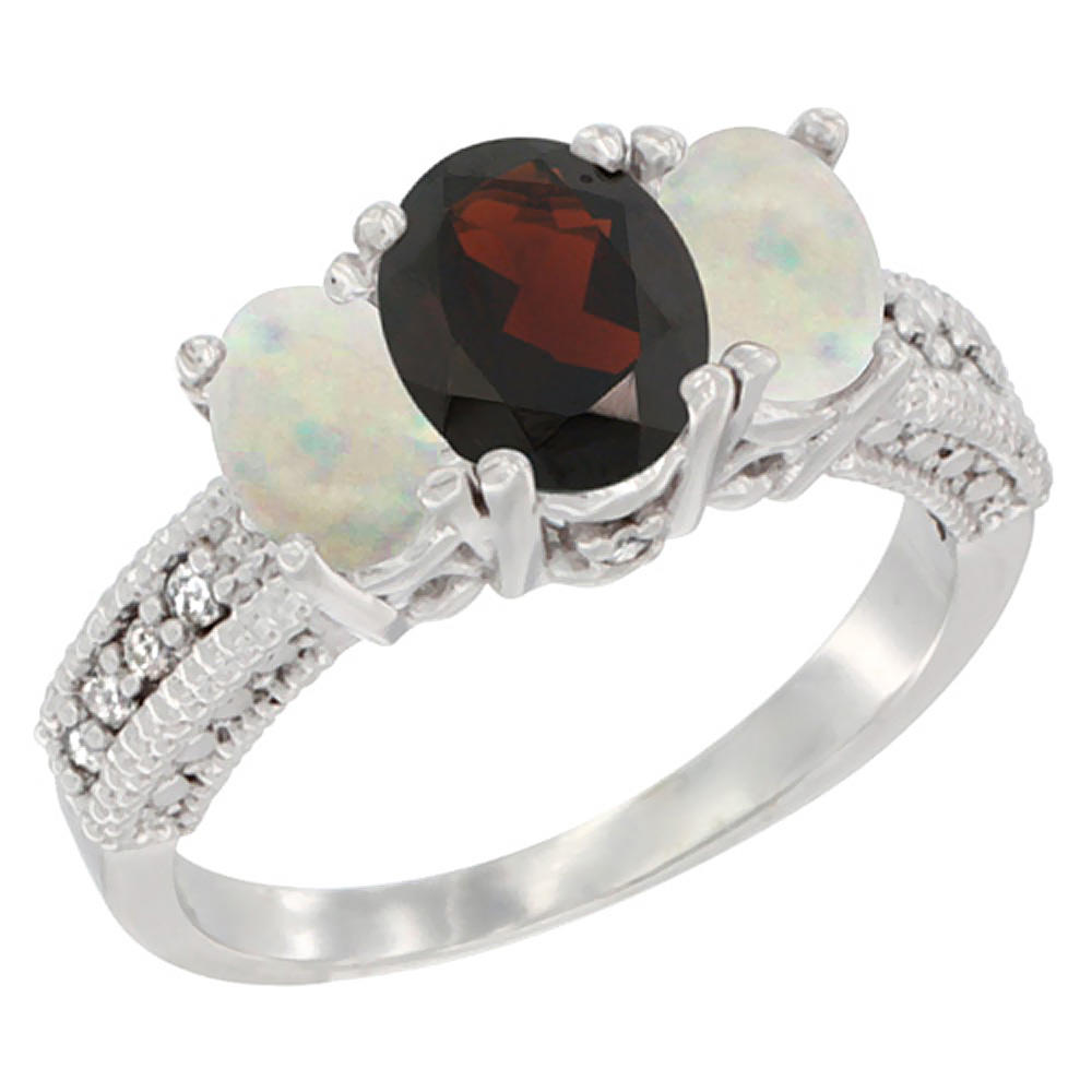 Sabrina Silver 14K White Gold Diamond Natural Garnet Ring Oval 3-stone with Opal, sizes 5 - 10