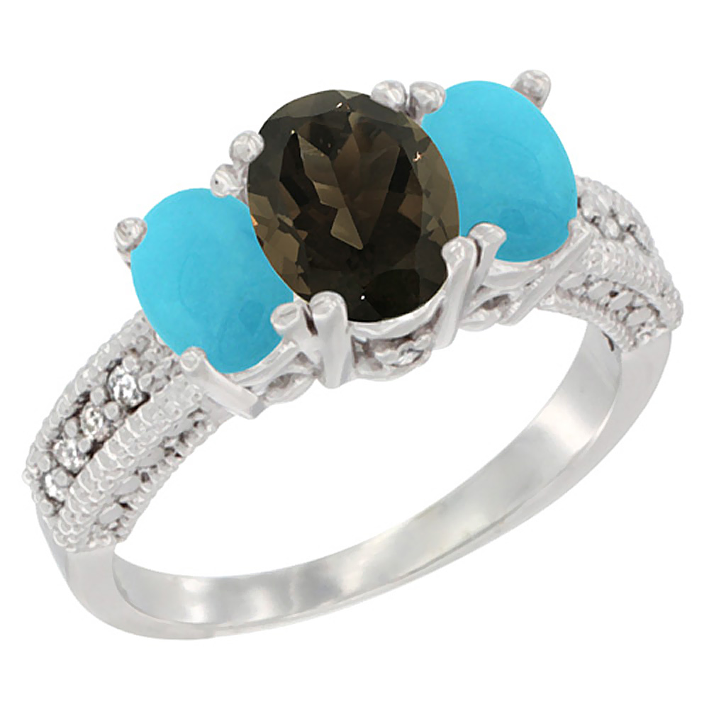 Sabrina Silver 14K White Gold Diamond Natural Smoky Topaz Ring Oval 3-stone with Turquoise, sizes 5 - 10