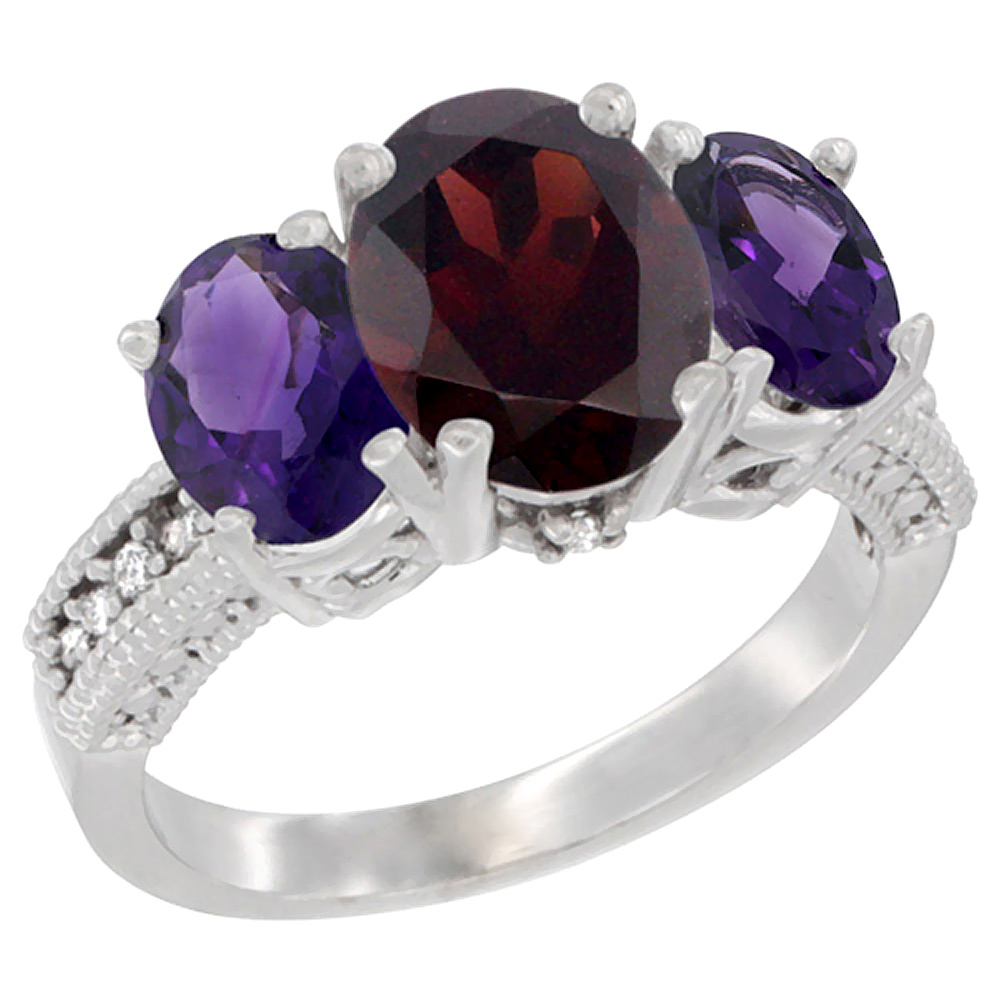 Sabrina Silver 14K White Gold Diamond Natural Garnet Ring 3-Stone Oval 8x6mm with Amethyst, sizes5-10