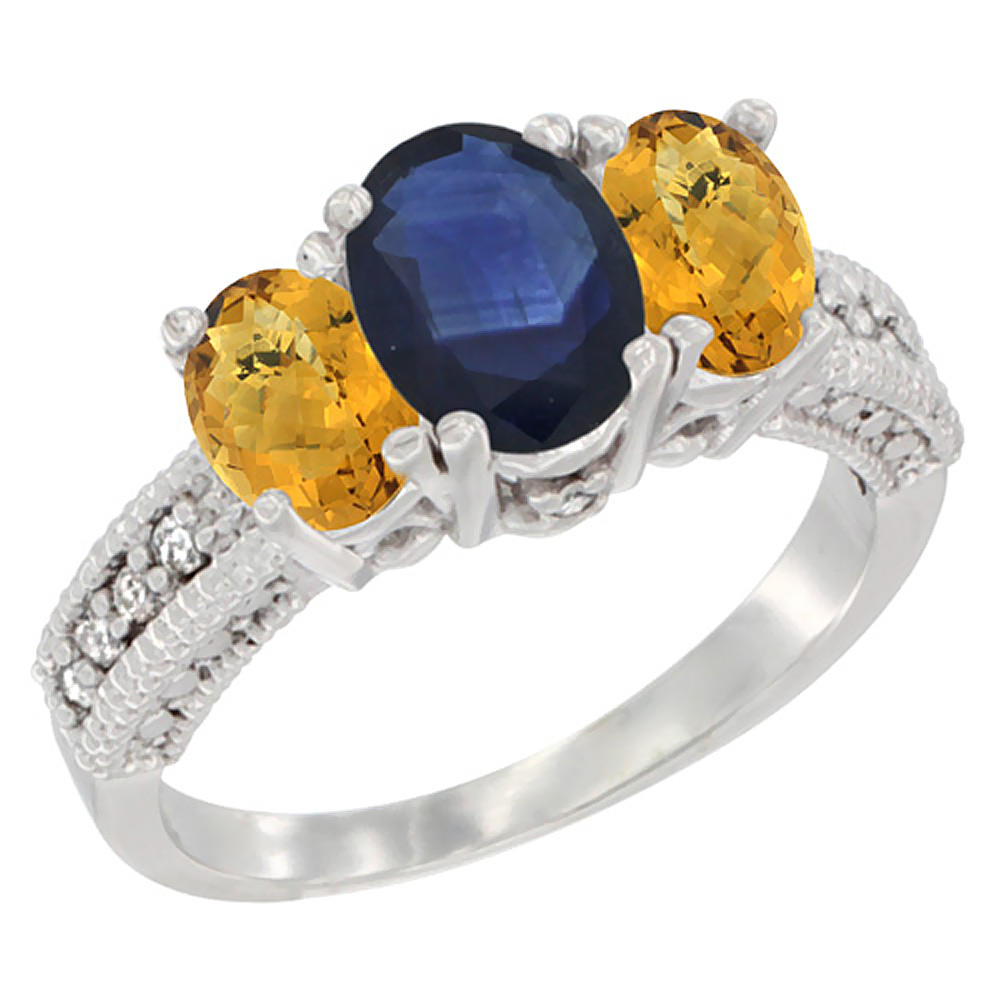 Sabrina Silver 14K White Gold Diamond Natural Blue Sapphire Ring Oval 3-stone with Whisky Quartz, sizes 5 - 10