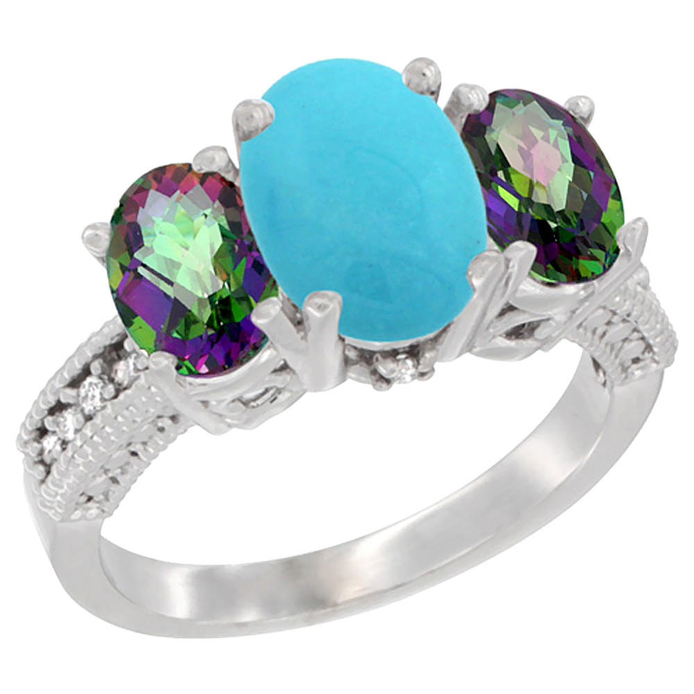 Sabrina Silver 14K White Gold Diamond Natural Turquoise Ring 3-Stone Oval 8x6mm with Mystic Topaz, sizes5-10