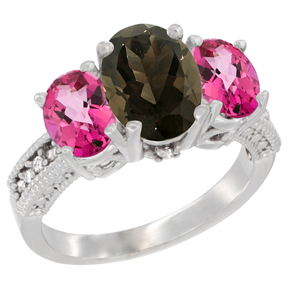 Sabrina Silver 14K White Gold Diamond Natural Smoky Topaz Ring 3-Stone Oval 8x6mm with Pink Topaz, sizes5-10