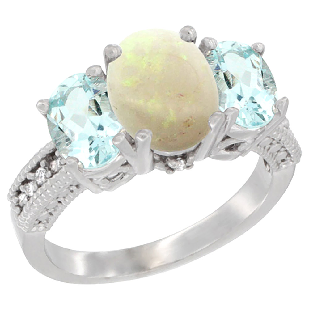 Sabrina Silver 14K White Gold Diamond Natural Opal Ring 3-Stone Oval 8x6mm with Aquamarine, sizes5-10