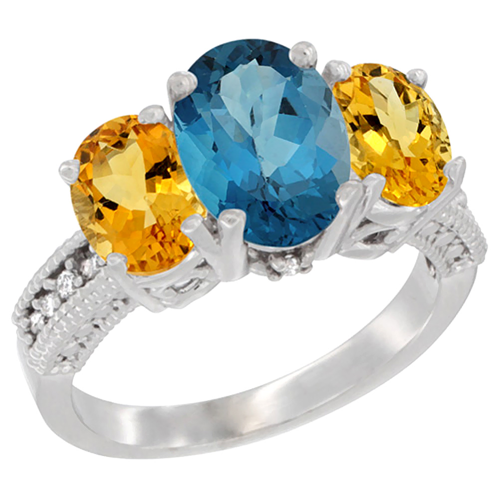Sabrina Silver 14K White Gold Diamond Natural London Blue Topaz Ring 3-Stone Oval 8x6mm with Citrine, sizes5-10