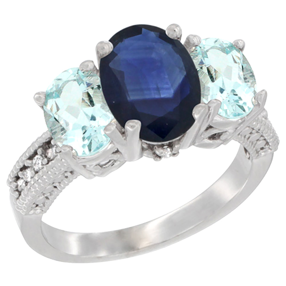 Sabrina Silver 14K White Gold Diamond Natural Blue Sapphire Ring 3-Stone Oval 8x6mm with Aquamarine, sizes5-10