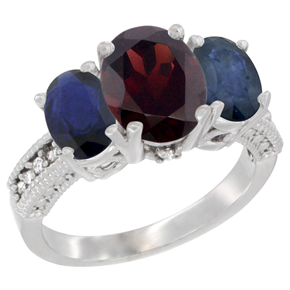 Sabrina Silver 14K White Gold Diamond Natural Garnet Ring 3-Stone Oval 8x6mm with Blue Sapphire, sizes5-10