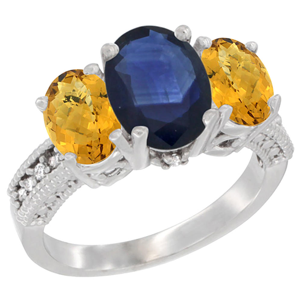 Sabrina Silver 14K White Gold Diamond Natural Blue Sapphire Ring 3-Stone Oval 8x6mm with Whisky Quartz, sizes5-10