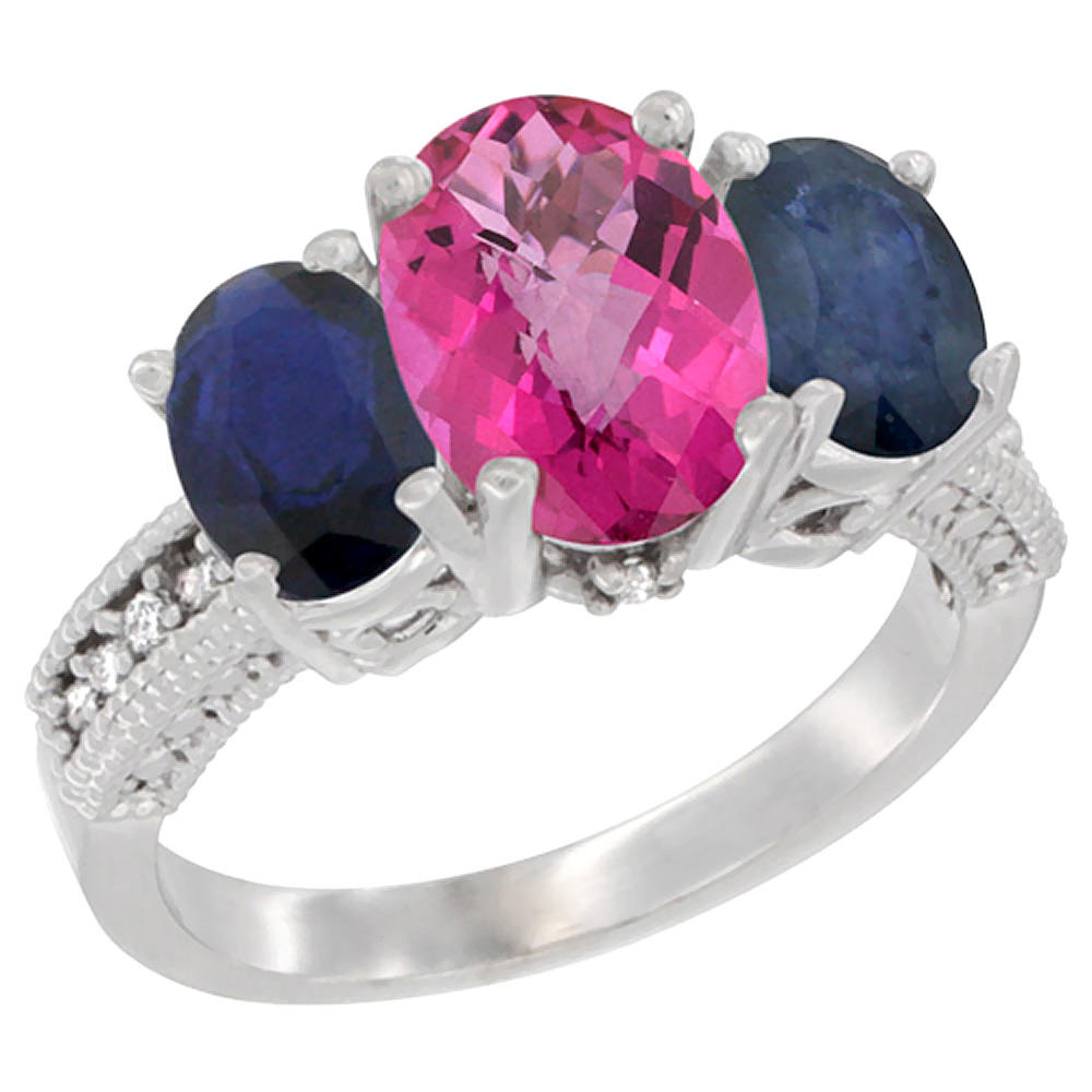 Sabrina Silver 14K White Gold Diamond Natural Pink Topaz Ring 3-Stone Oval 8x6mm with Blue Sapphire, sizes5-10