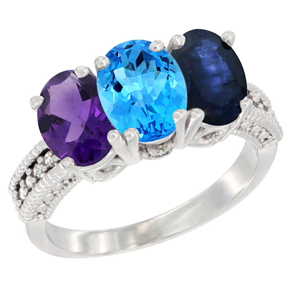 Sabrina Silver 10K White Gold Natural Amethyst, Swiss Blue Topaz & Blue Sapphire Ring 3-Stone Oval 7x5 mm Diamond Accent, sizes 5 - 10