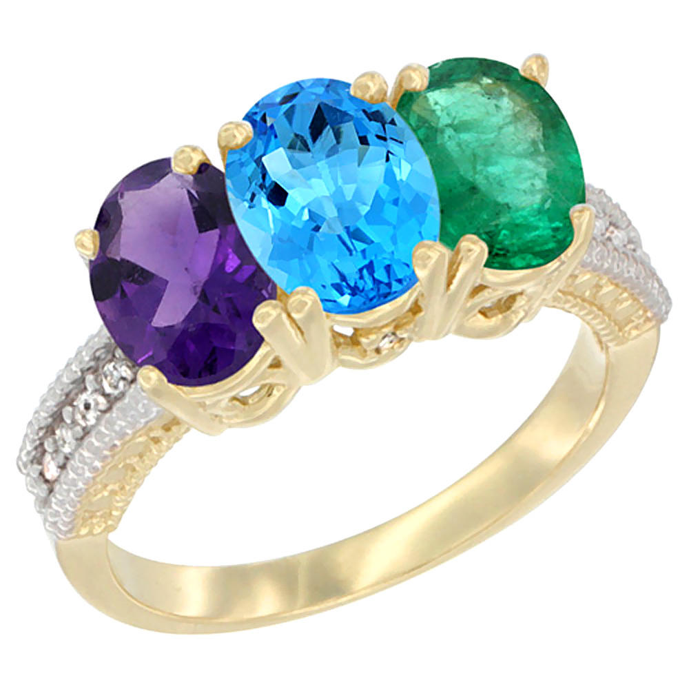 Sabrina Silver 10K Yellow Gold Diamond Natural Amethyst, Swiss Blue Topaz & Emerald Ring Oval 3-Stone 7x5 mm,sizes 5-10