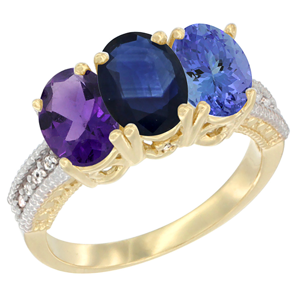 Sabrina Silver 10K Yellow Gold Diamond Natural Amethyst, Blue Sapphire & Tanzanite Ring Oval 3-Stone 7x5 mm,sizes 5-10